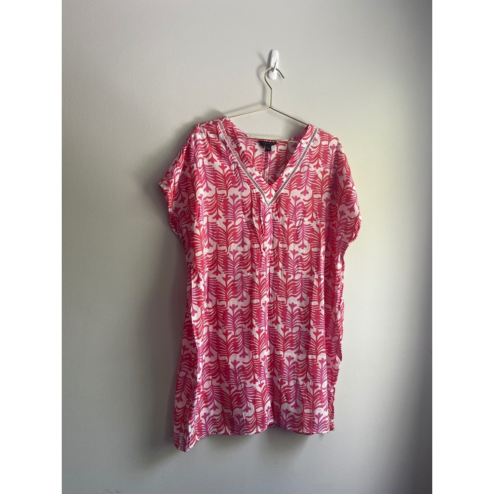 Tahari Womens Pink White Palm Leaf Print V-Neck Swim Cover Up Tunic Large